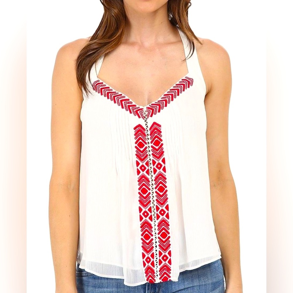Beautiful red&wht embroidery-Sam Edelman Women's T Back Strap Tank, Large.